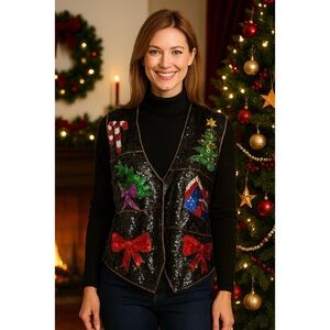 The Everett Collection size large Christmas sequin vest snap front holiday party